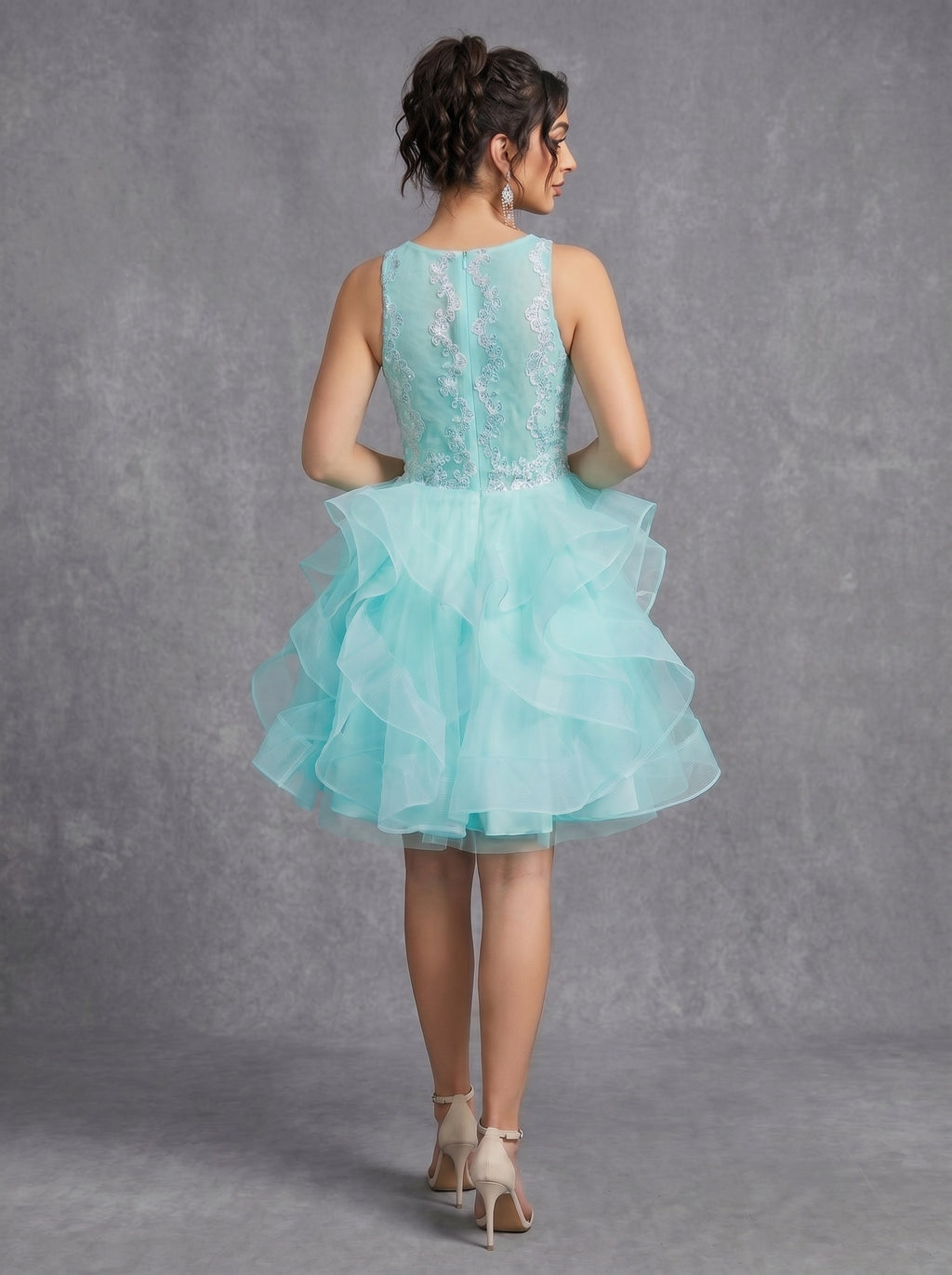 Irregular skirt layered sequins appliques tulle prom dress