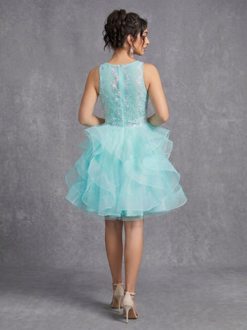 Irregular skirt layered sequins appliques tulle prom dress