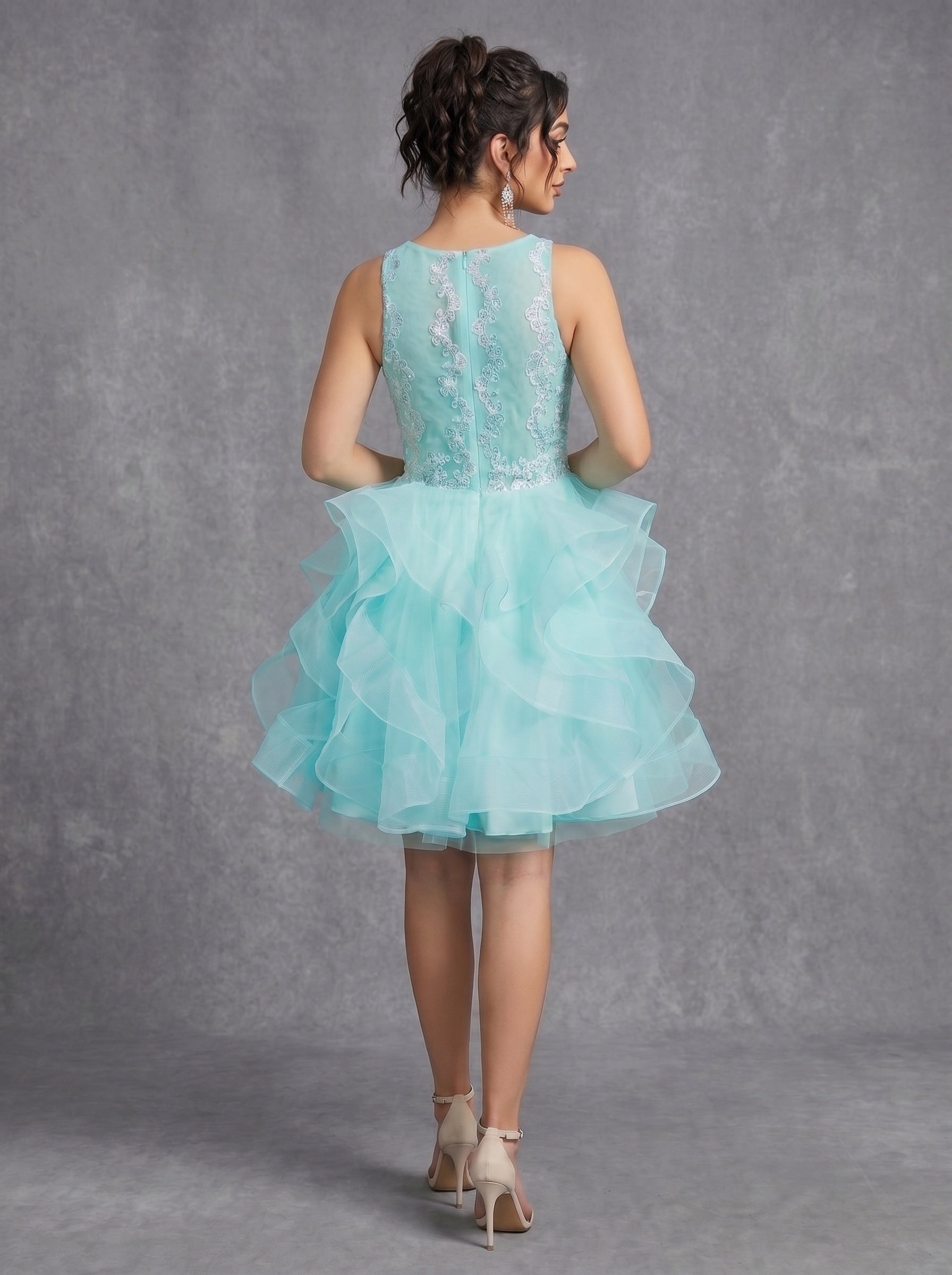 Irregular skirt layered sequins appliques tulle prom dress