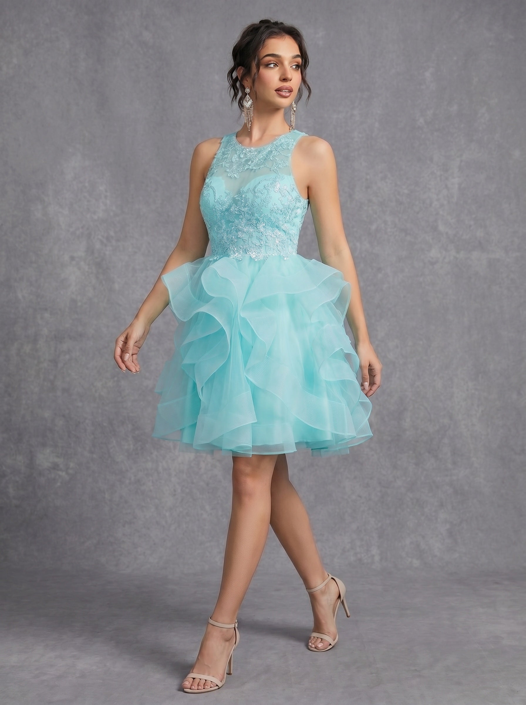 Irregular skirt layered sequins appliques tulle prom dress