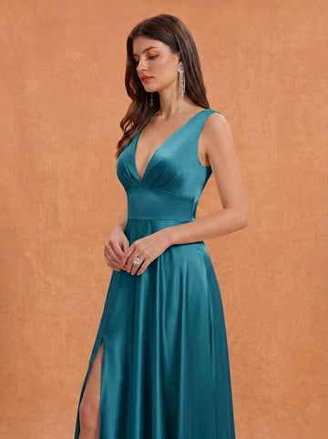 Ruched bust side slit satin bridesmaid / guest dress
