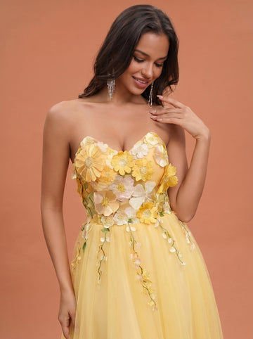 Sunflower appliques tulle prom dress