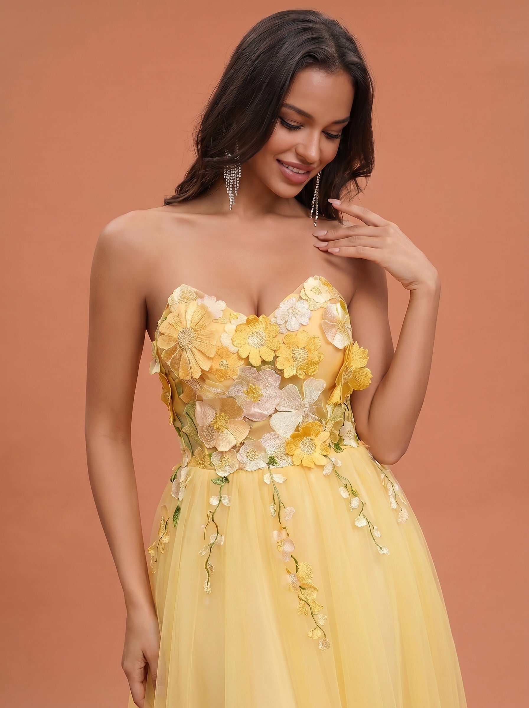 Sunflower appliques tulle prom dress