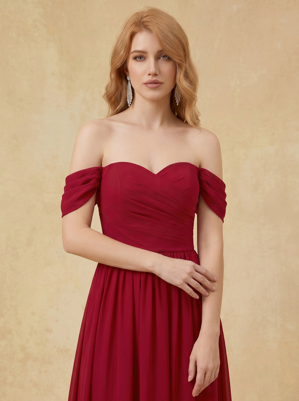 Off shoulder ruched bust Chiffon bridesmaid dress