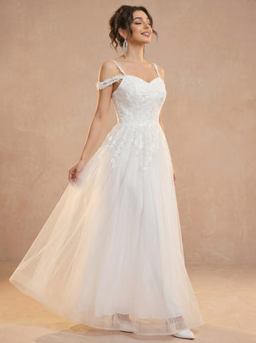Off-shoulder appliques tulle prom dress