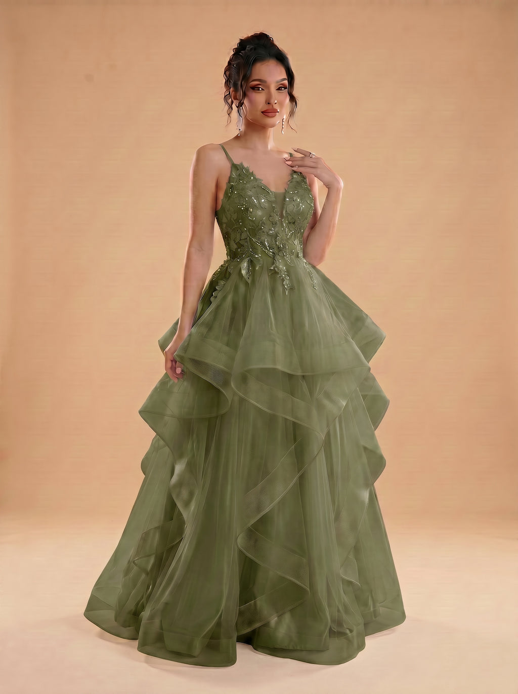 Irregular sequins appliques tulle prom dress