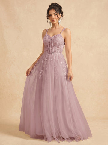 Leaves appliques tulle prom dress