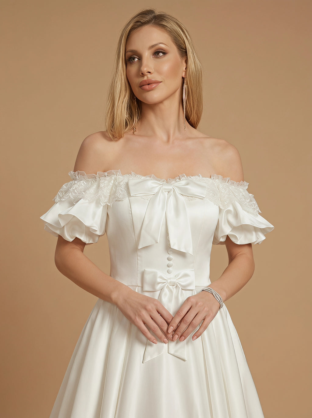 Lace&bow satin wedding dress with trailing