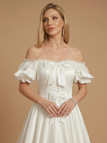 Lace&bow satin wedding dress with trailing
