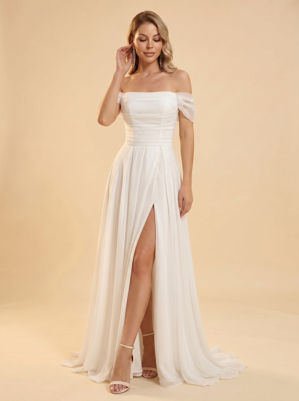 off-shoulder side slit wedding dress