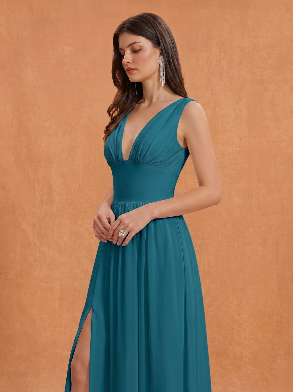 Ruched bust side slit Chiffon bridesmaid dress