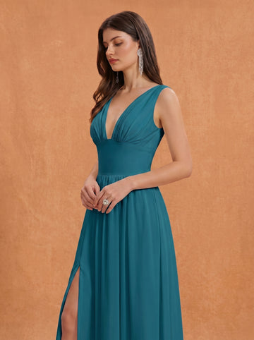 Ruched bust side slit Chiffon bridesmaid dress