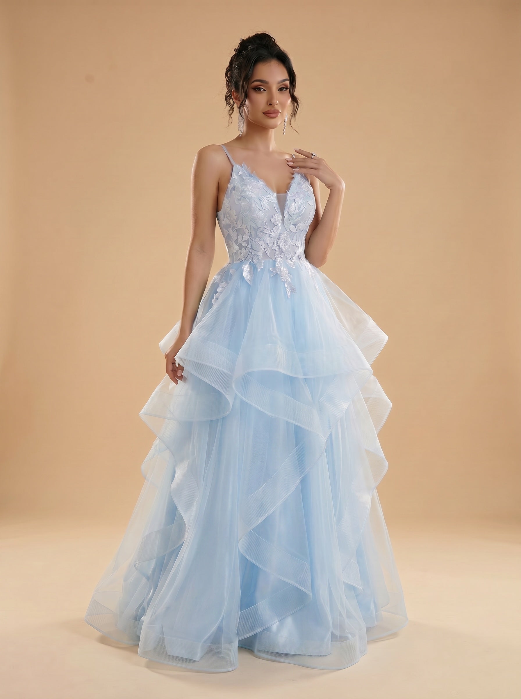 Irregular sequins appliques tulle prom dress