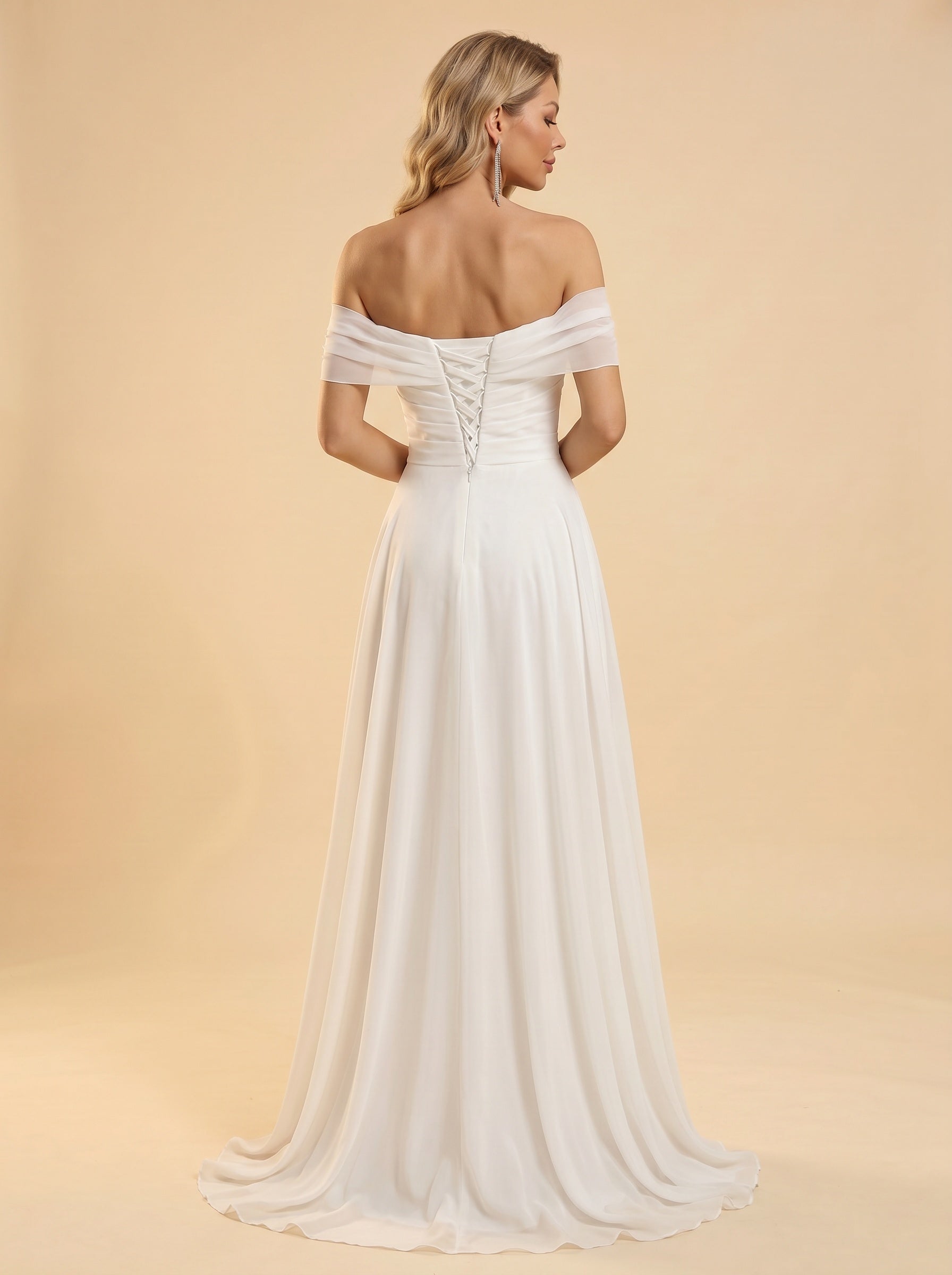 off-shoulder side slit wedding dress