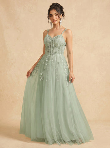 Leaves appliques tulle prom dress