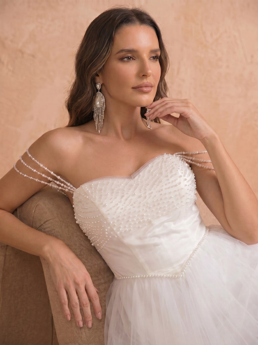handmade imitation pearl long wedding dress