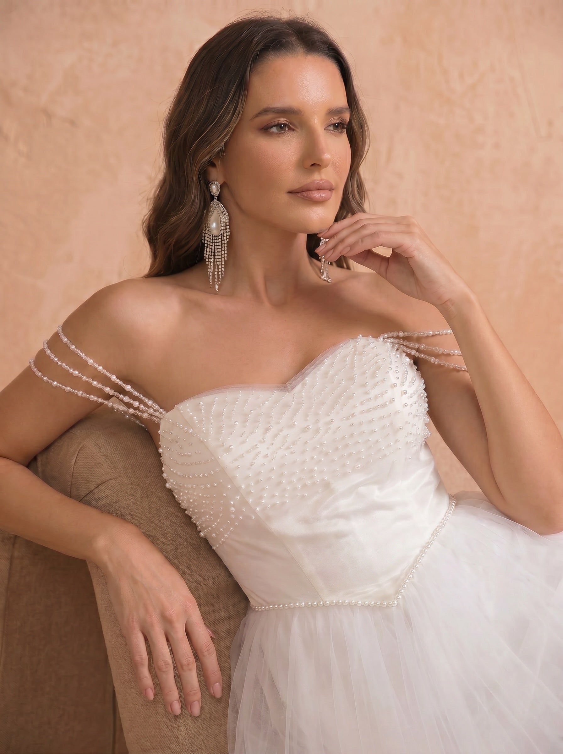 handmade imitation pearl long wedding dress