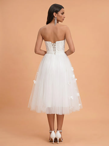 3D appliques strapless tulle wedding dress