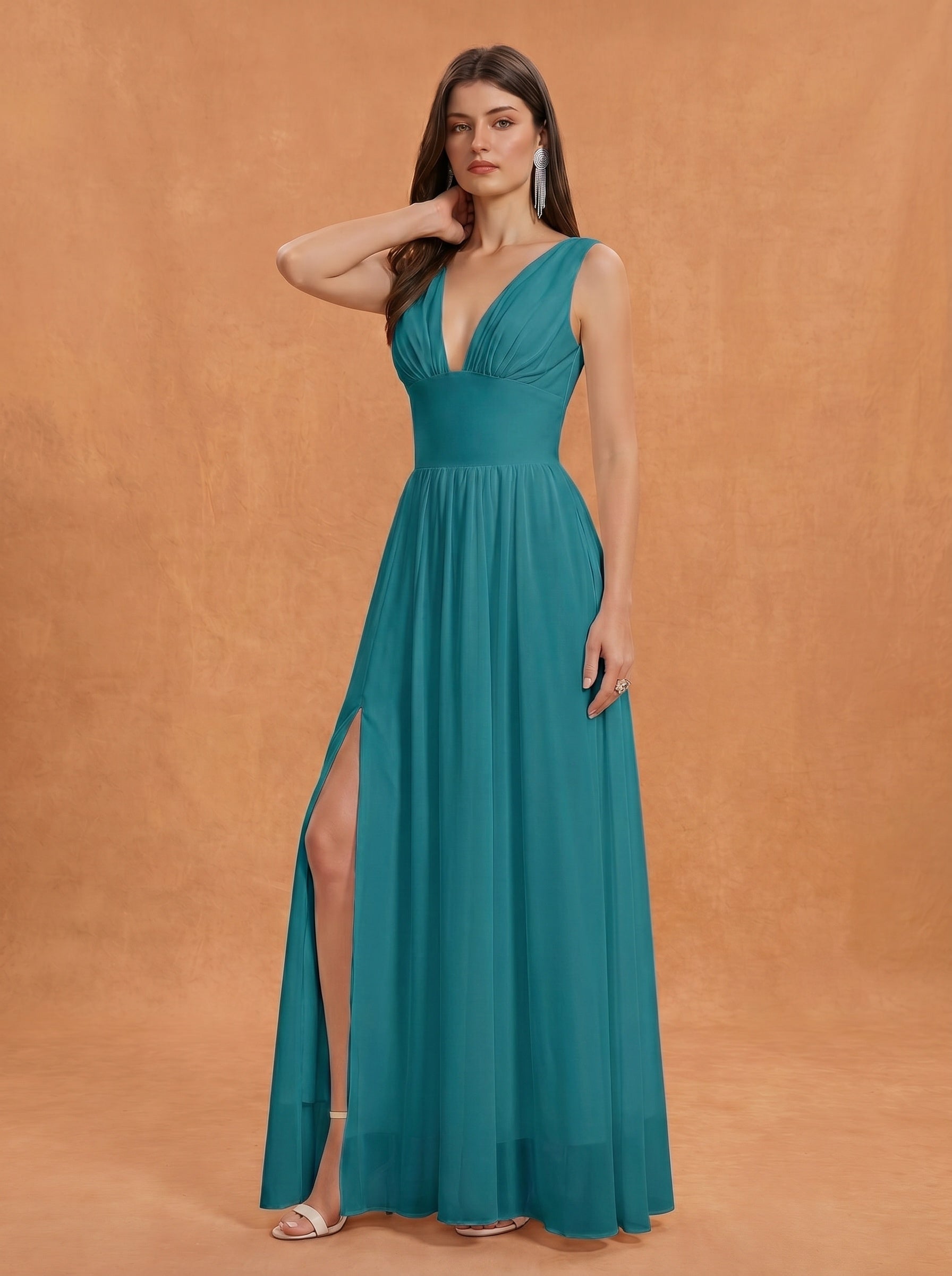 Ruched bust side slit Chiffon bridesmaid dress