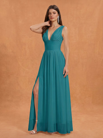 Ruched bust side slit Chiffon bridesmaid dress