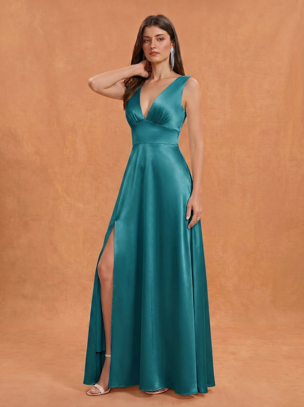 Ruched bust side slit satin bridesmaid / guest dress