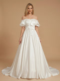 Lace&bow satin wedding dress with trailing
