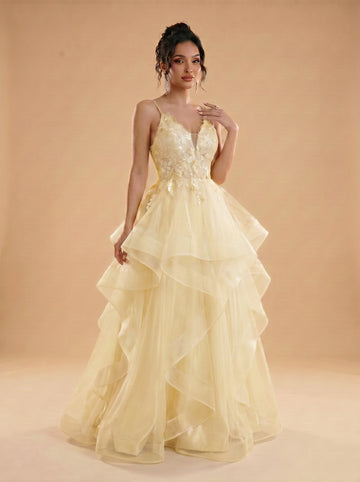 Irregular sequins appliques tulle prom dress