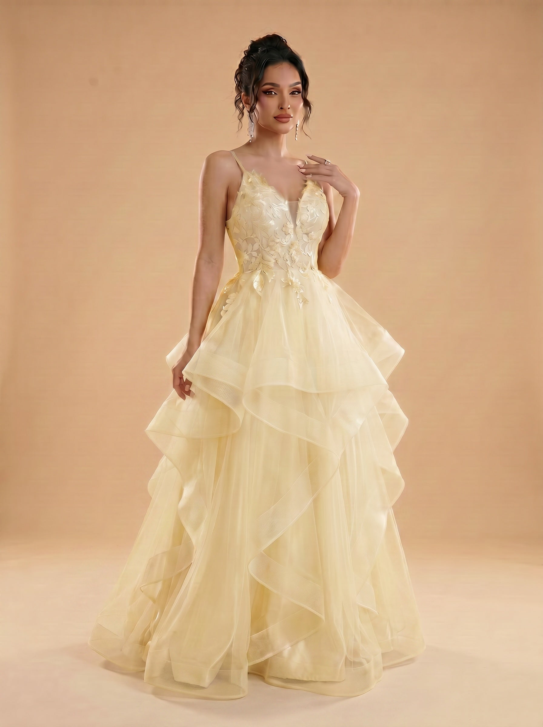 Irregular sequins appliques tulle prom dress