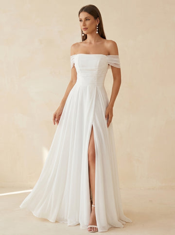 off-shoulder side slit wedding dress