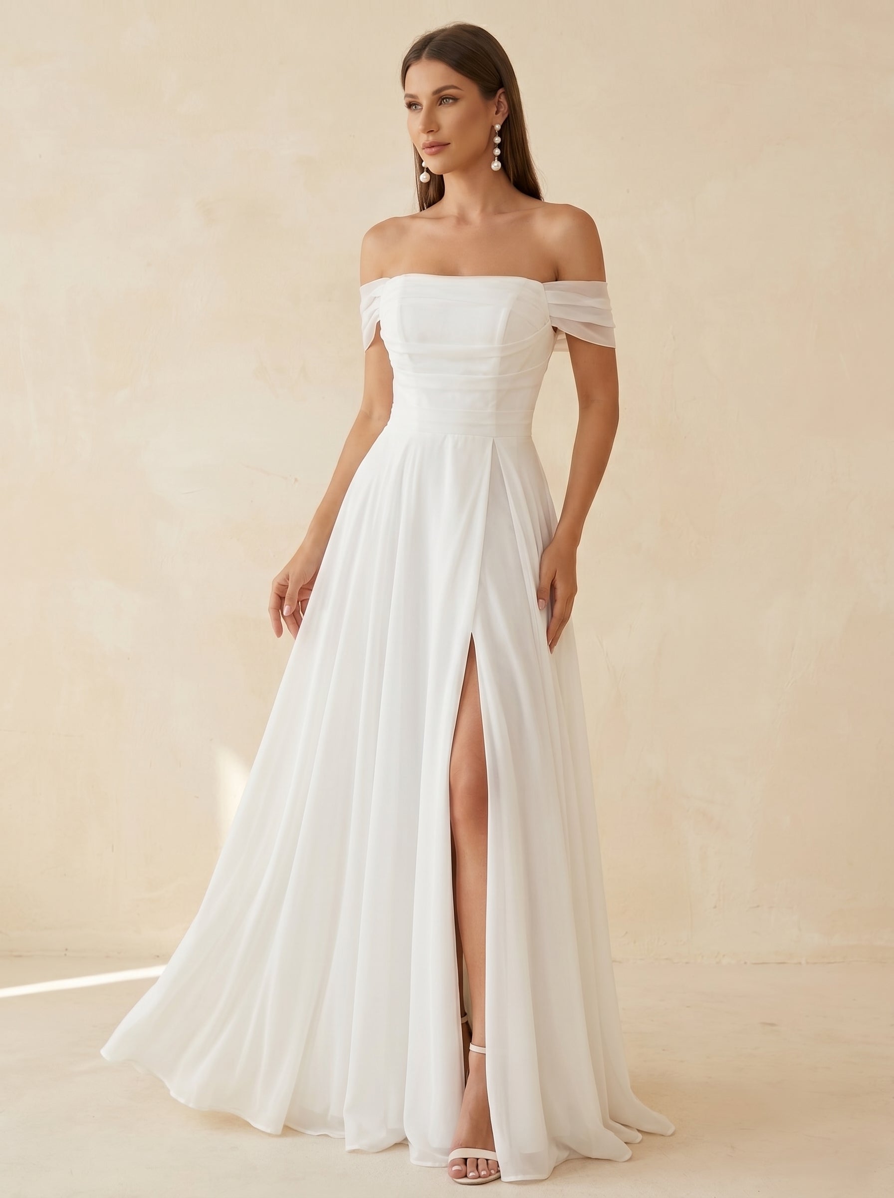 off-shoulder side slit wedding dress