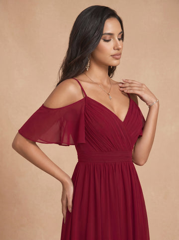 Ruched bust spaghetti strap side slit Chiffon bridesmaid dress