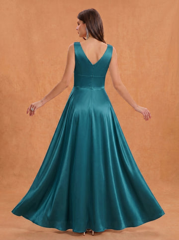 Ruched bust side slit satin bridesmaid / guest dress
