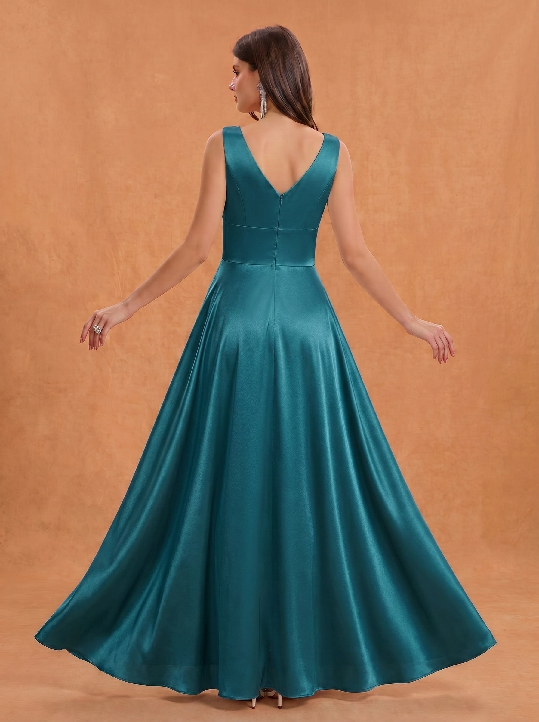 Ruched bust side slit satin bridesmaid / guest dress