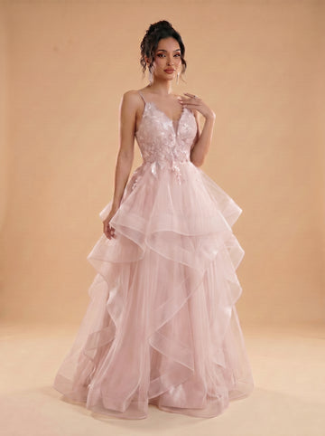 Irregular sequins appliques tulle prom dress