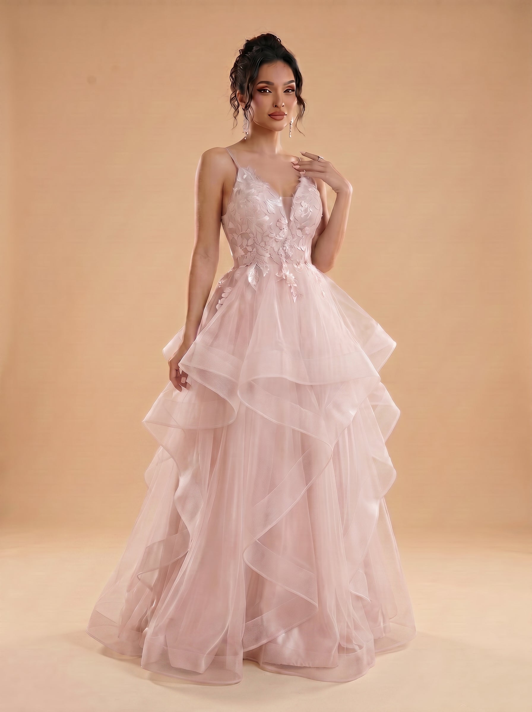 Irregular sequins appliques tulle prom dress