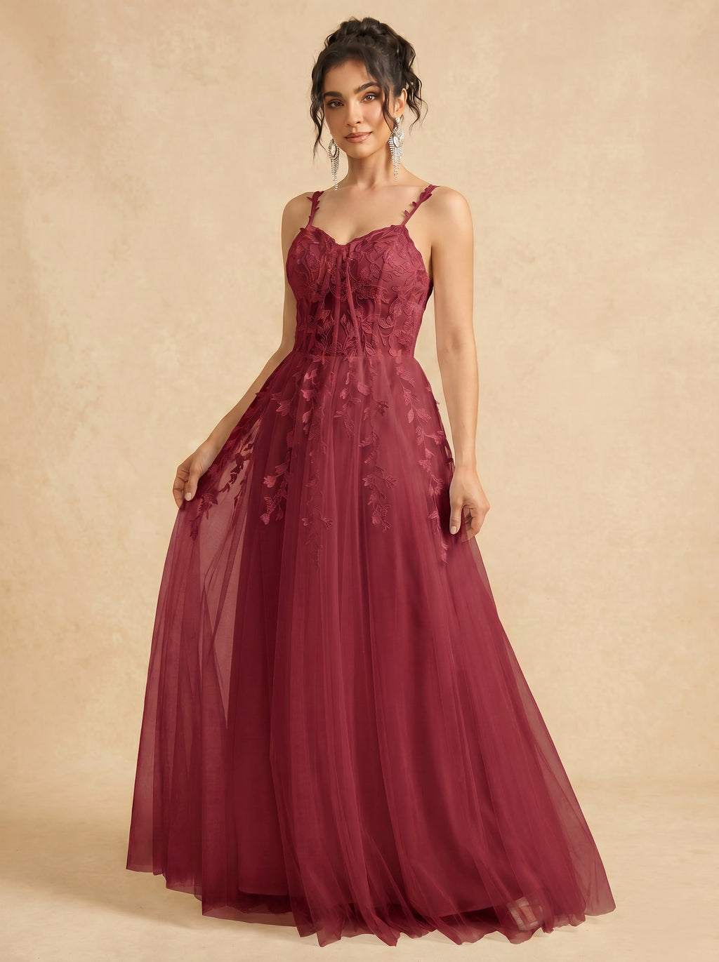 Leaves appliques tulle prom dress