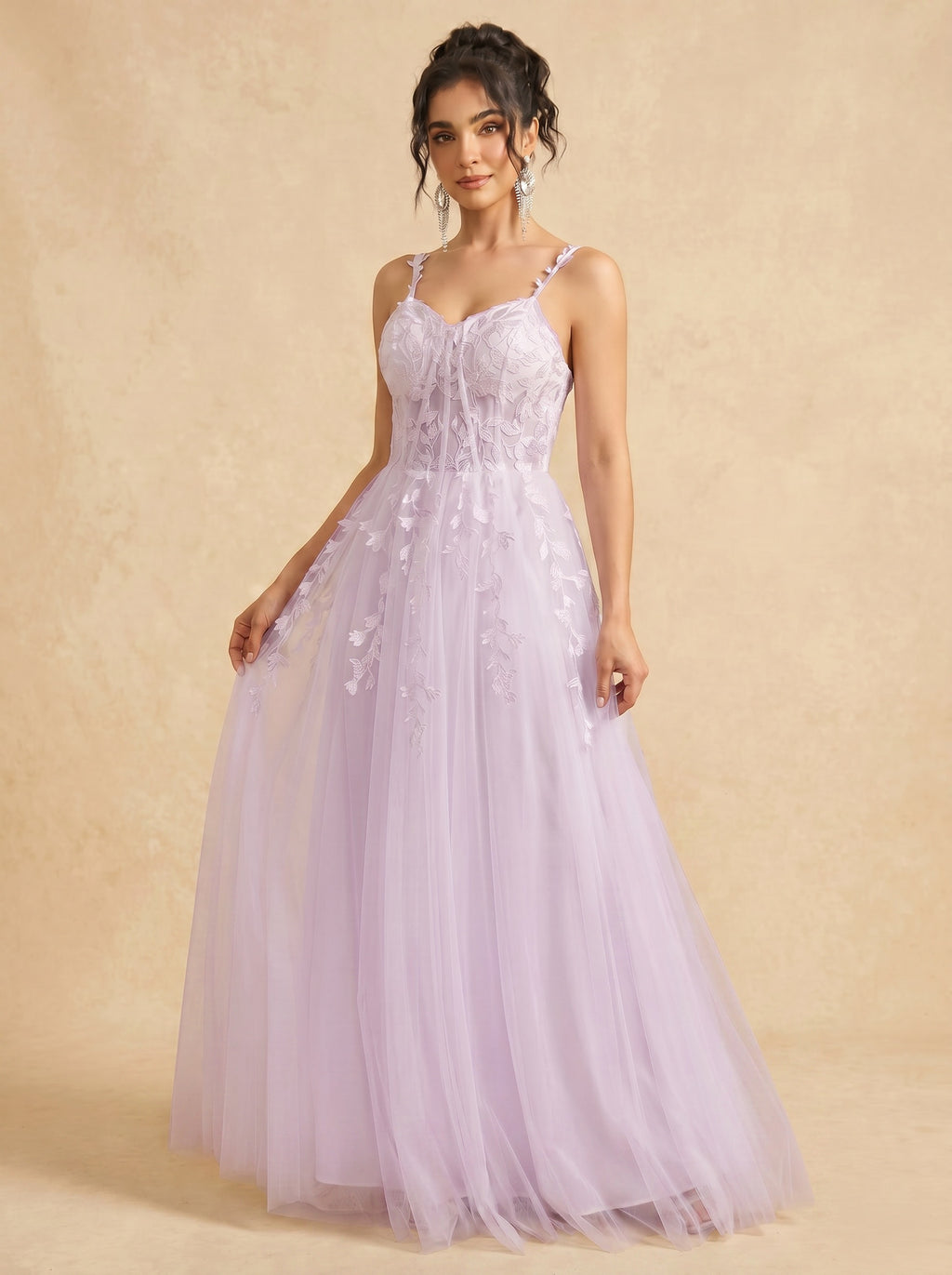 Leaves appliques tulle prom dress