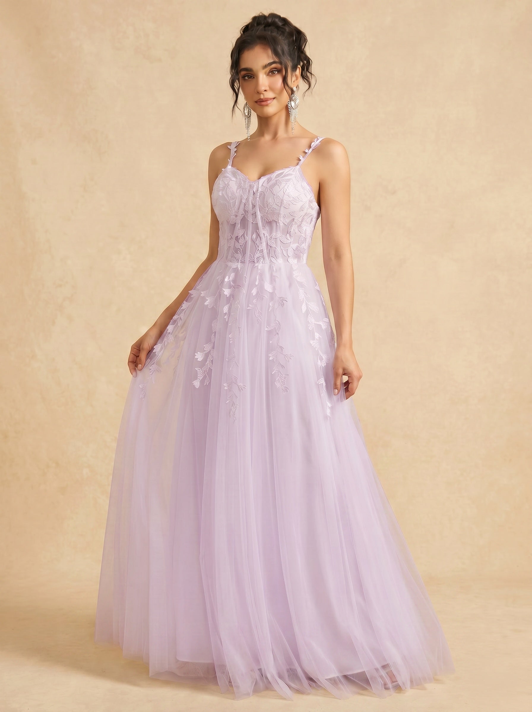 Leaves appliques tulle prom dress