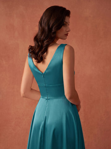 Ruched bust side slit satin bridesmaid / guest dress