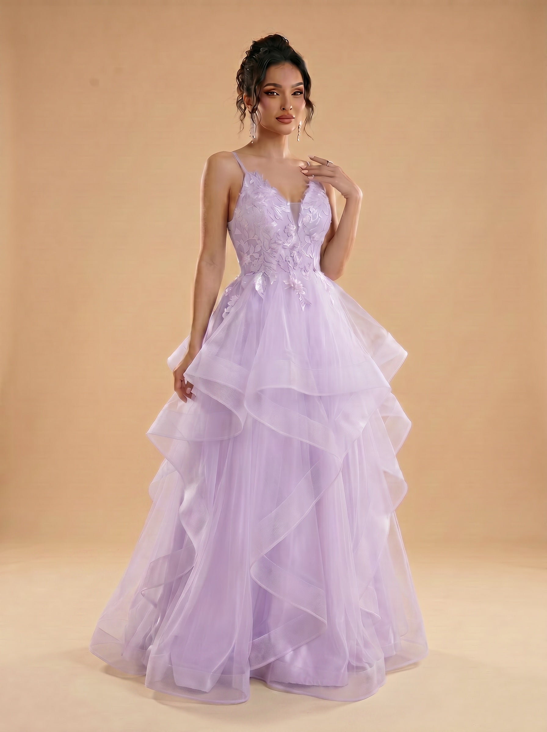 Irregular sequins appliques tulle prom dress