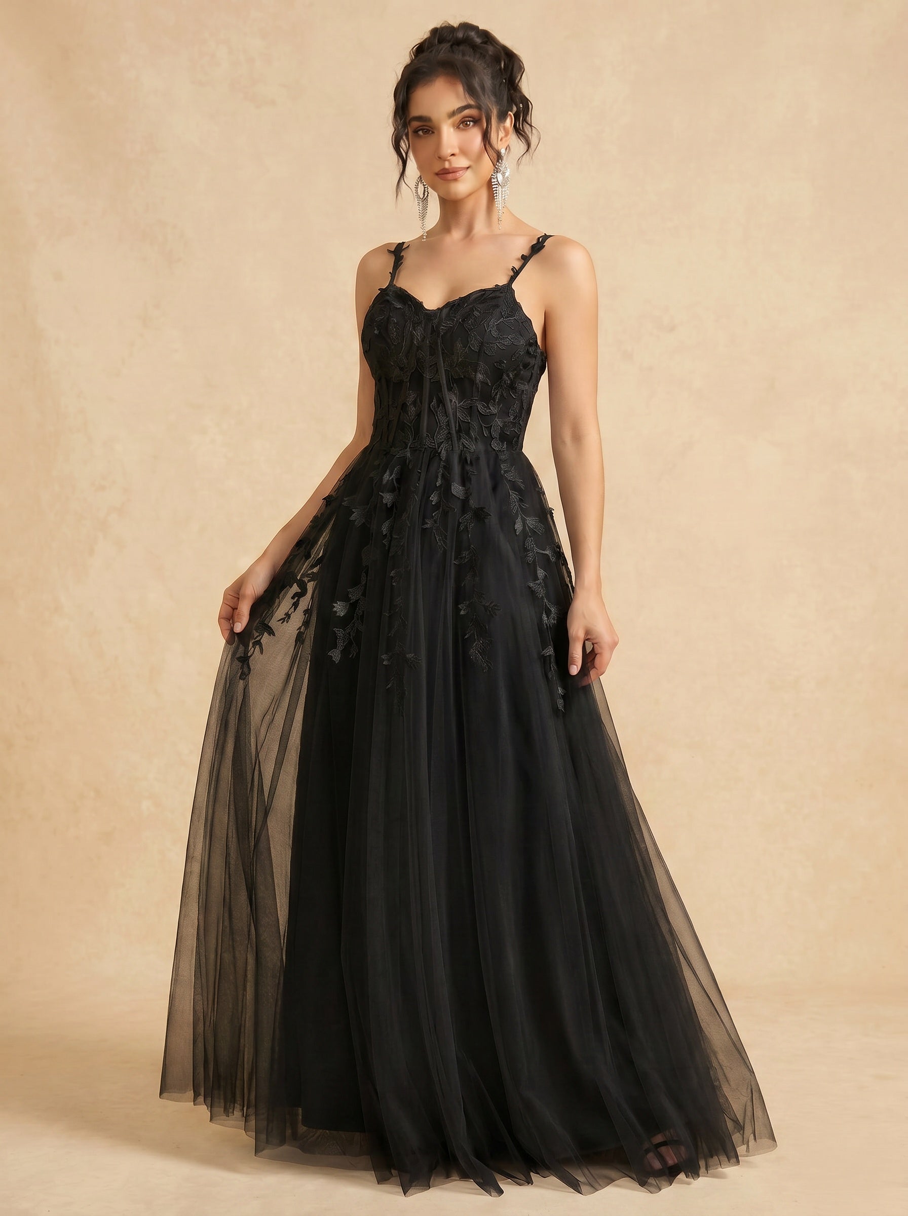 Leaves appliques tulle prom dress