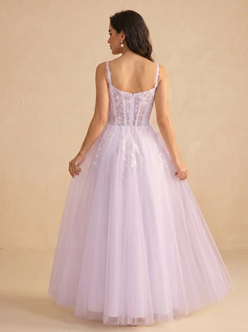 Leaves appliques tulle prom dress