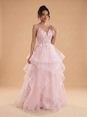 Irregular sequins appliques tulle prom dress