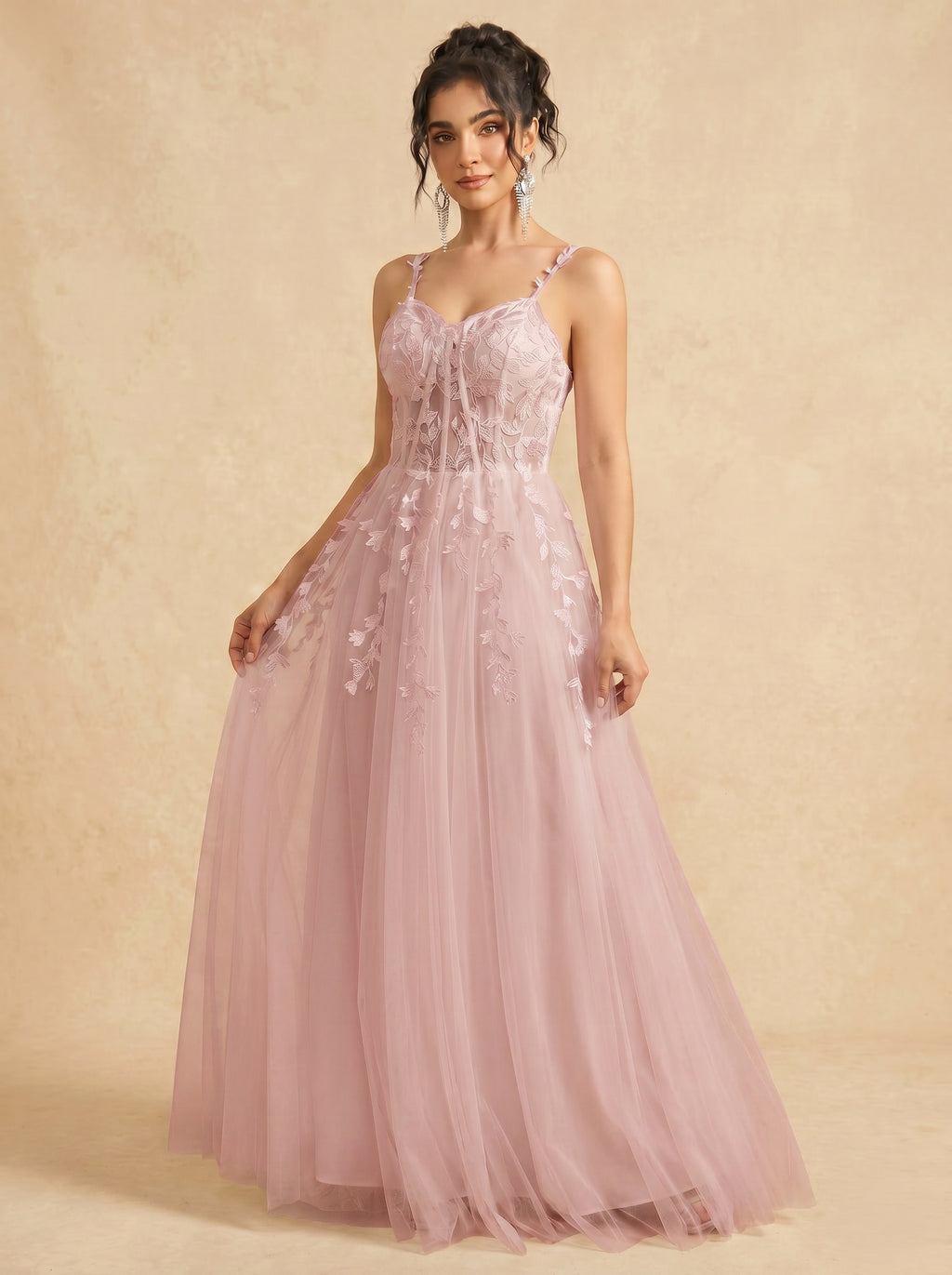 Leaves appliques tulle prom dress