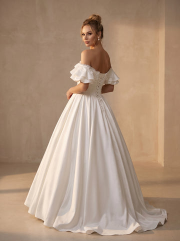 Lace&bow satin wedding dress with trailing