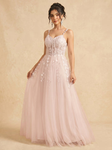 Leaves appliques tulle prom dress