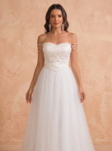 handmade imitation pearl long wedding dress