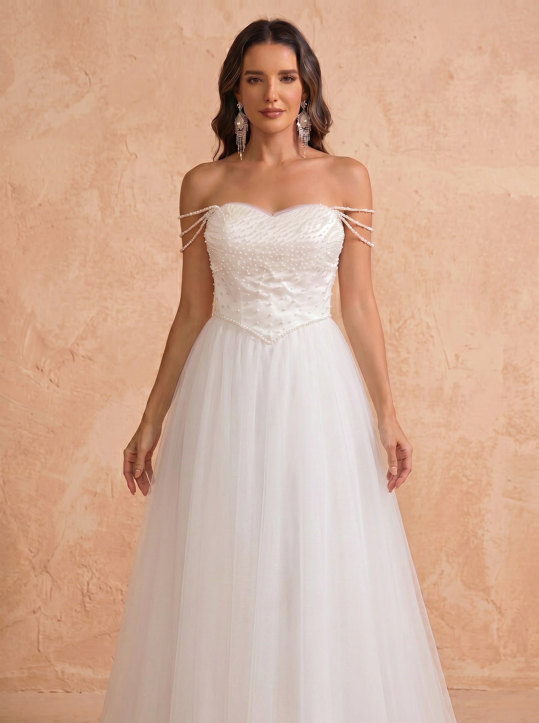 handmade imitation pearl long wedding dress