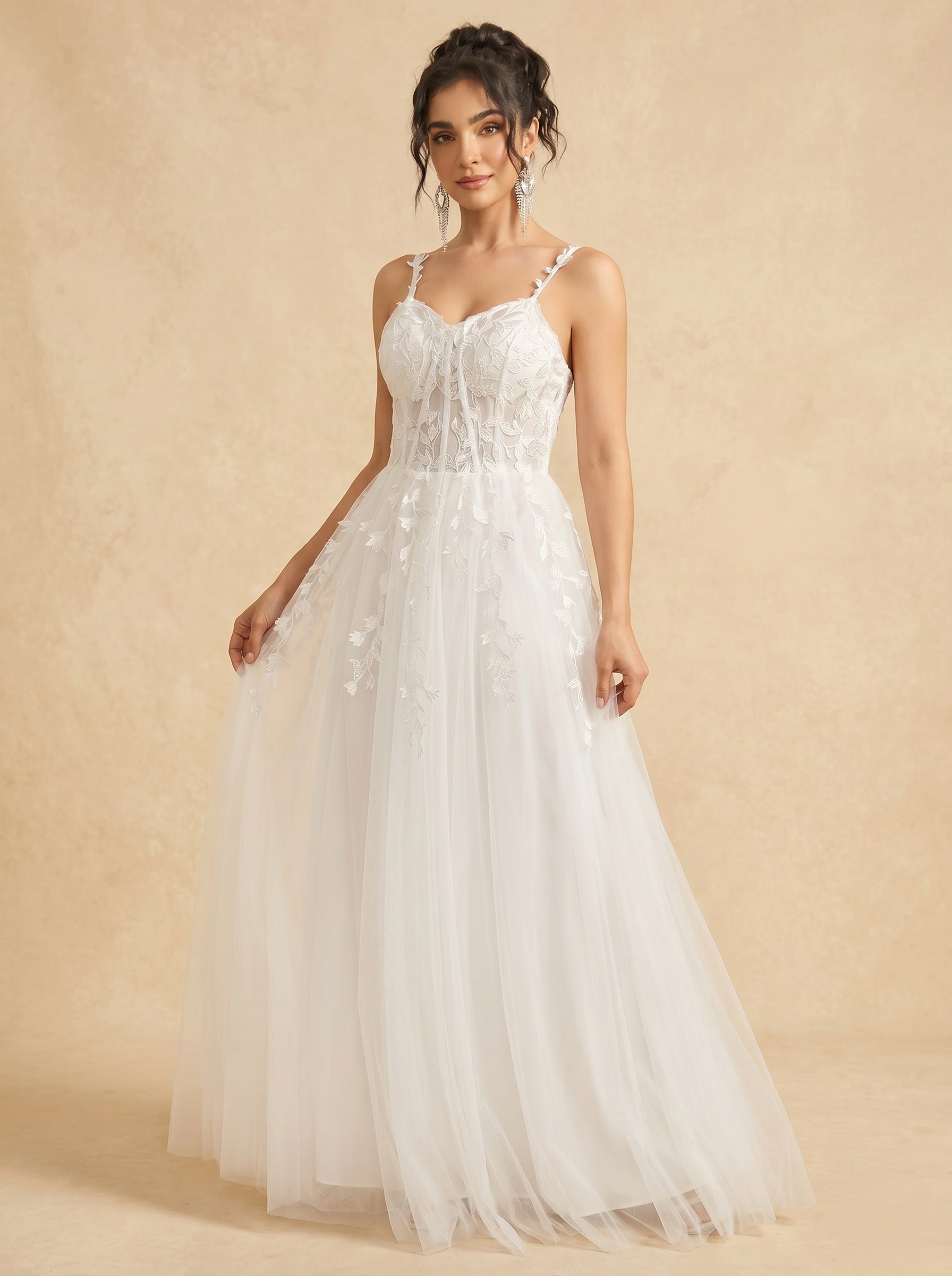 Leaves appliques tulle prom dress