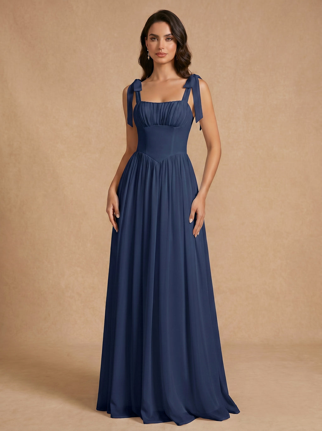 Lace up ruched bust Chiffon bridesmaid dress